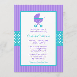 Purple and Teal Carriage Striped Dots Baby Shower Invitation