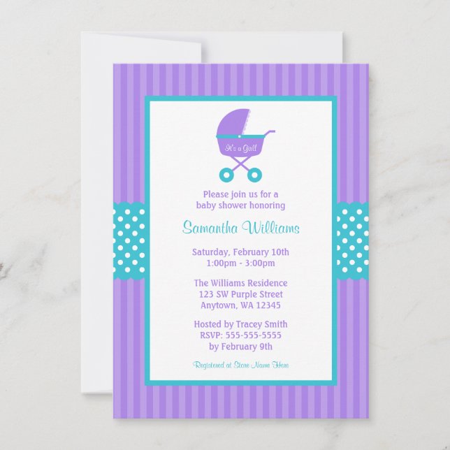 Purple and Teal Carriage Striped Dots Baby Shower Invitation (Front)