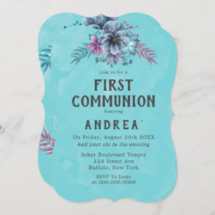 Purple And Teal Floral First Communion  Invitation
