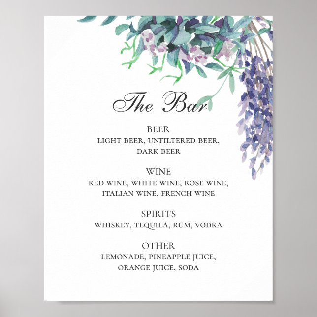 Purple and teal floral wedding alcohol drinks bar poster (Front)