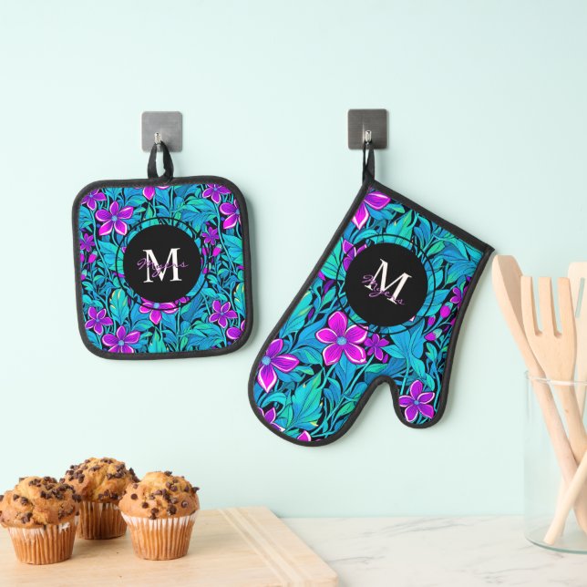 Purple and Teal Flowers and Foliage Personalised Oven Mitt & Pot Holder Set (Insitu(Hanging))