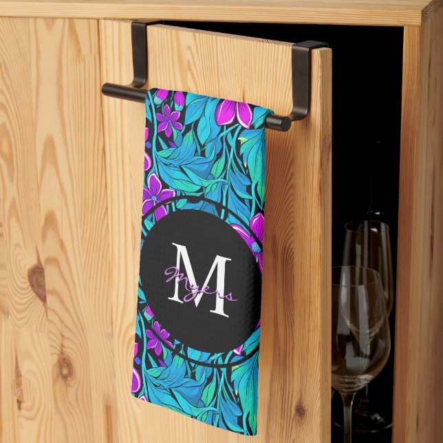 Purple and Teal Flowers and Foliage Personalised Tea Towel (Thirds Fold)
