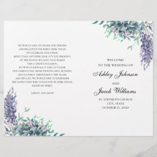 Purple and teal flowers. Wedding program folded