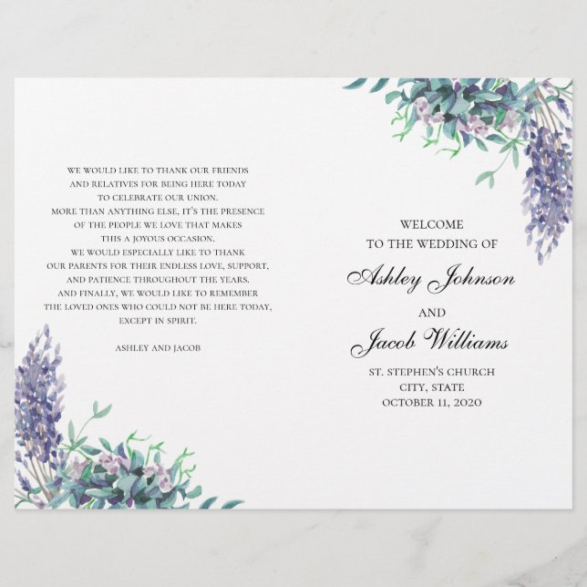 Purple and teal flowers. Wedding program folded (Front)