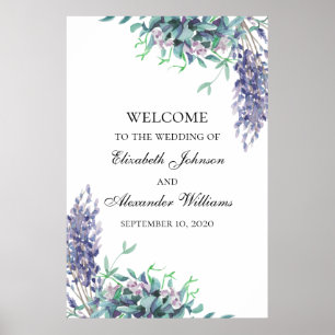 Purple and teal flowers. Wedding welcome sign