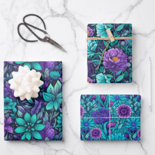 Purple And Teal Flowers Wrapping Paper Sheet