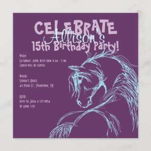 Purple and Teal Horse Head Sketch Birthday Invite