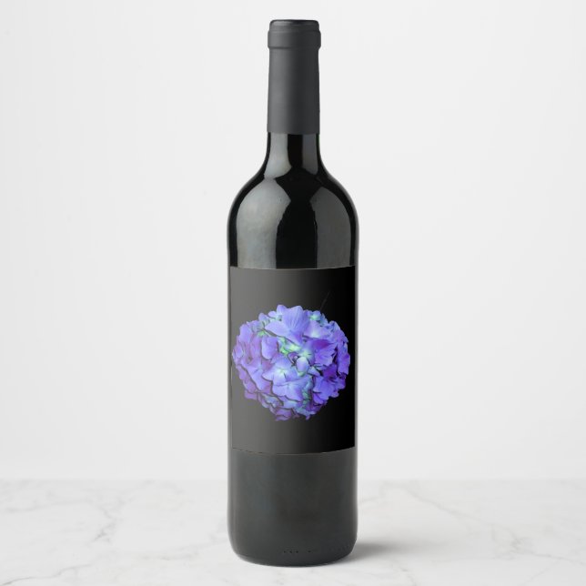 Purple and teal hydrangea, purple blue flowers  wine label (Front)