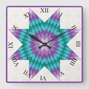 Purple and Teal Lone Star Quilt Design Square Wall Clock