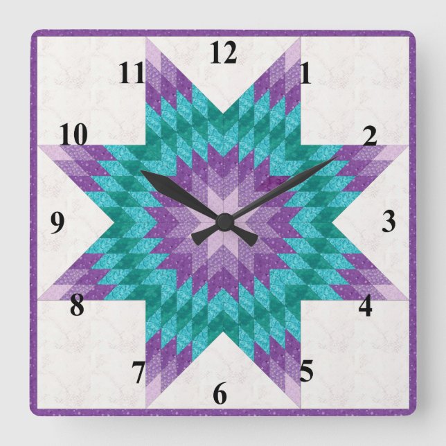 Purple and Teal Lone Star Quilt Design Square Wall Clock (Front)