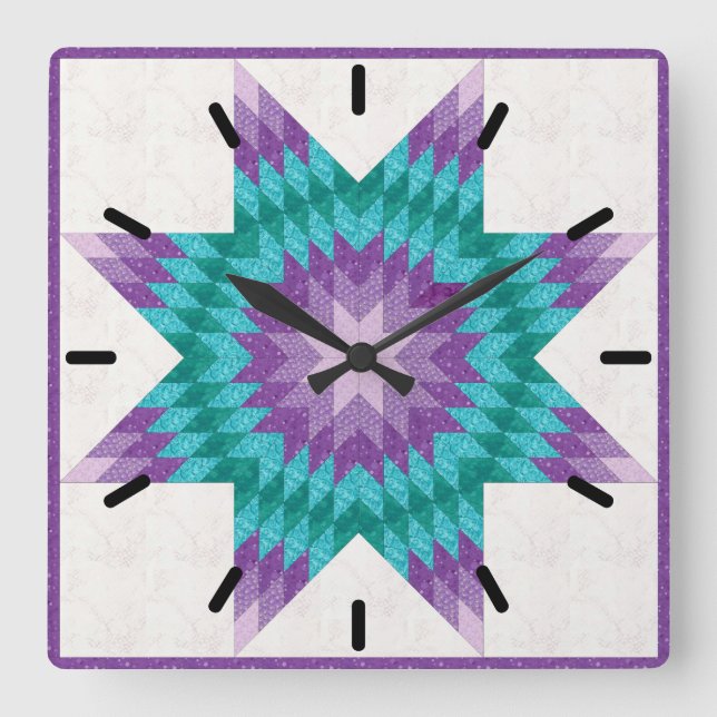 Purple and Teal Lone Star Quilt Design Square Wall Clock (Front)