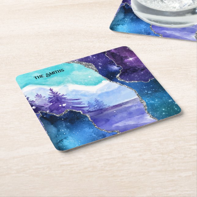 Purple and Teal Magical Snowy Lake and Forest Square Paper Coaster (Angled)