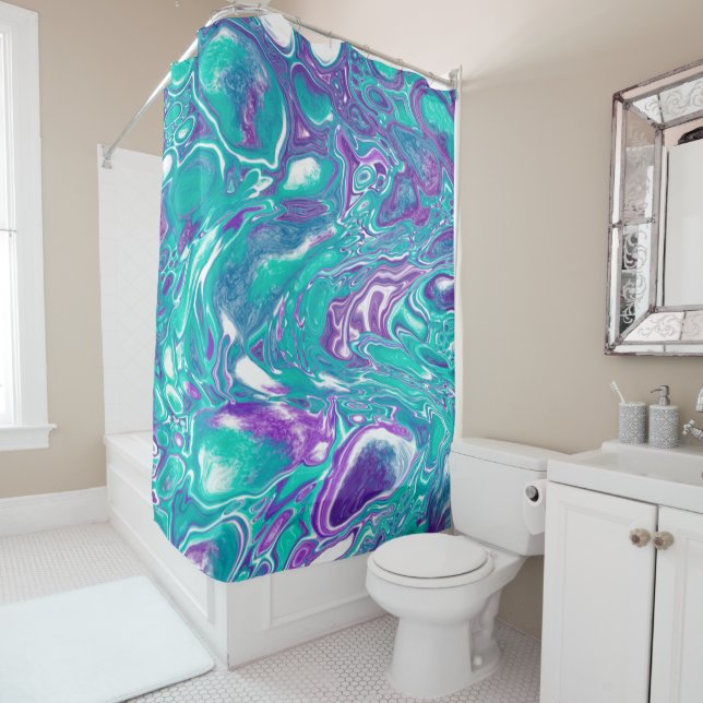 Purple and teal marble fluid art cells shower curtain (In Situ)