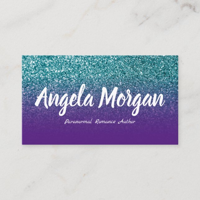 Purple and Teal Ombre Glitter Photo Author Business Card (Front)
