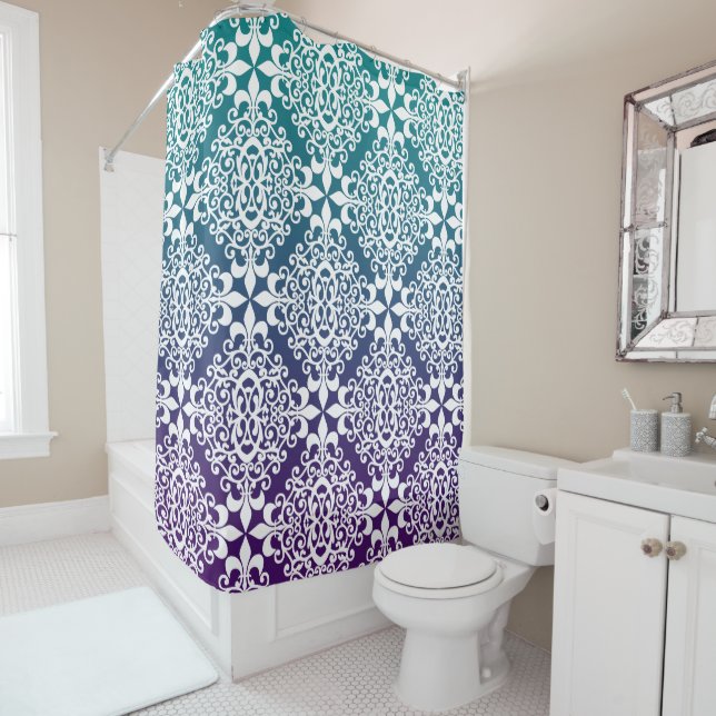 Purple And Teal Ombre Ornate Damask Shower Curtain (In Situ)