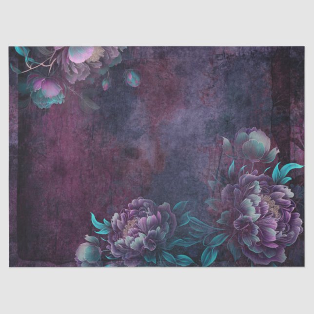 Purple and Teal Peony Flowers Decoupage Tissue Paper (Front)