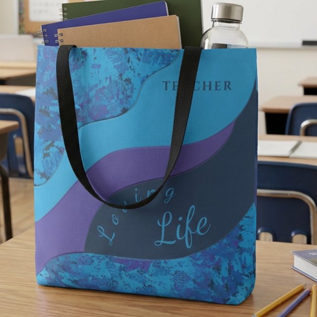 Purple And Teal Teachers Brushstroke Pattern Tote Bag (Teal blue and purple brush stroke design with occupation at the top so customize it for anyone)