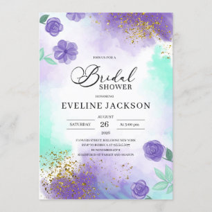 Purple and teal turquoise gold bridal shower invitation