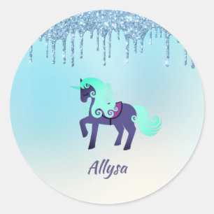 Purple and Teal Unicorn with Faux Dripping Glitter Classic Round Sticker