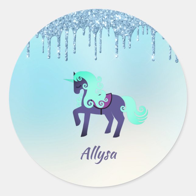 Purple and Teal Unicorn with Faux Dripping Glitter Classic Round Sticker (Front)