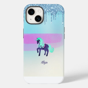 Purple and Teal Unicorn with Faux Dripping Glitter iPhone 14 Case