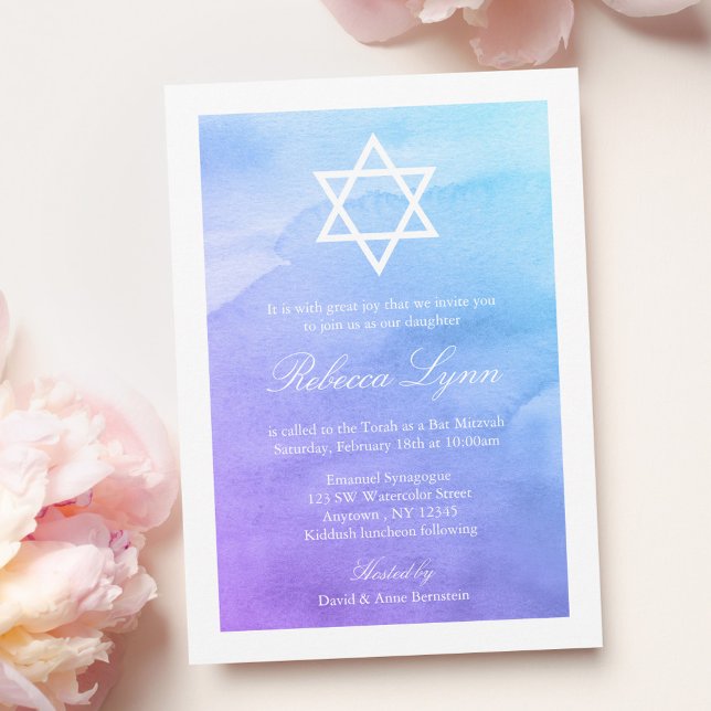Purple and Teal Watercolor Bat Mitzvah Invitation (Creator Uploaded)