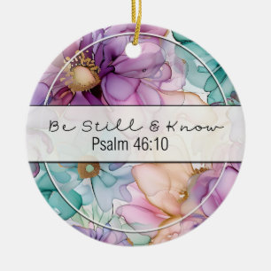 Purple and Teal Watercolor Flowers Be Still Ceramic Ornament