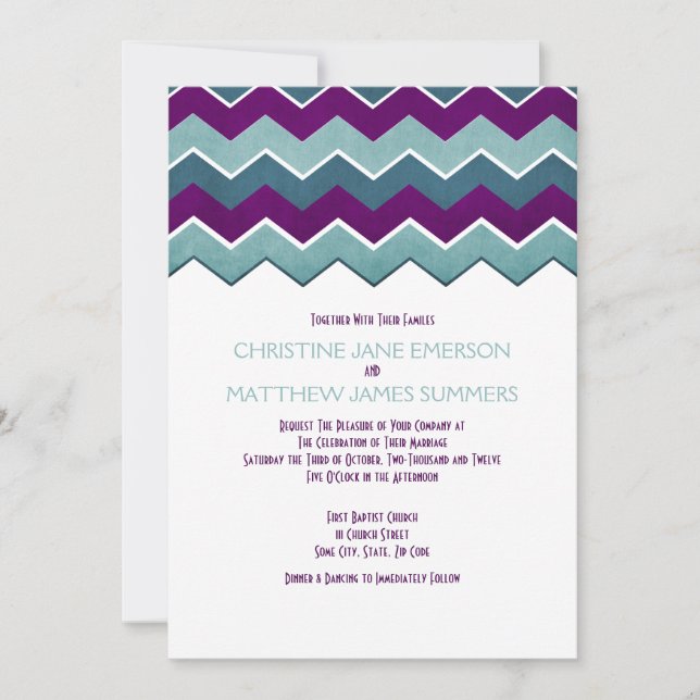 Purple and Teal Zig Zag Wedding Invitations (Front)