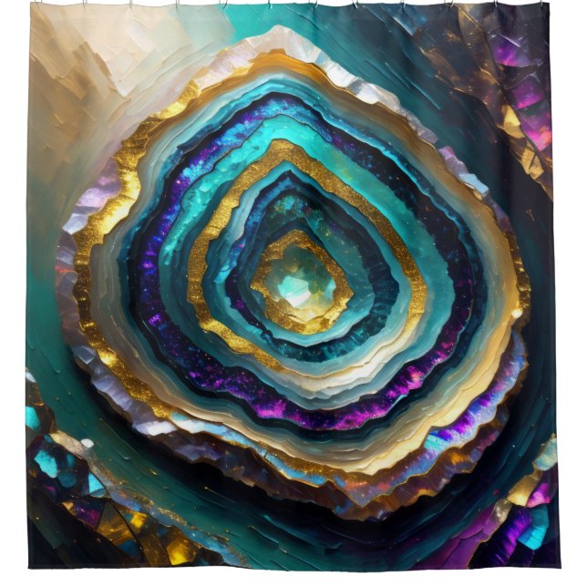 Purple and Turquoise Blue Geode Gold Shower Curtain (Front)