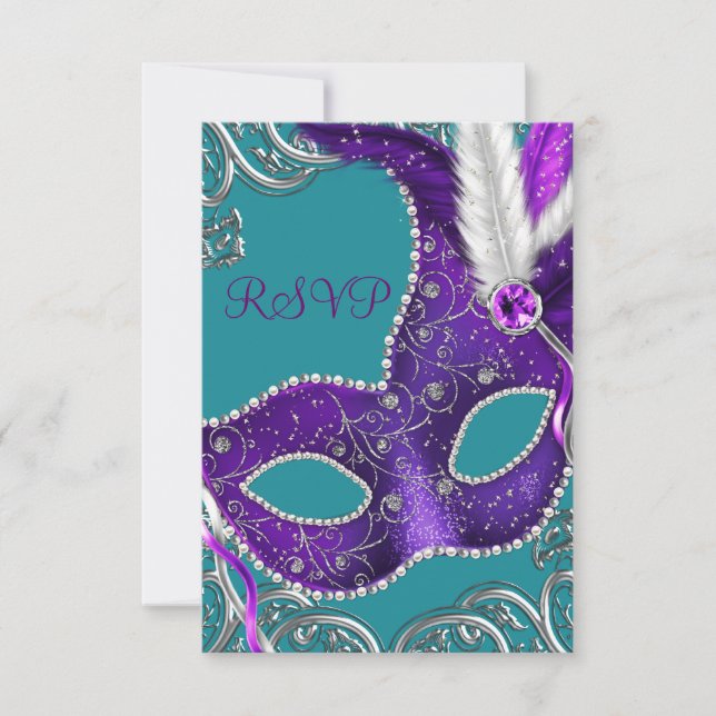 Purple and Turquoise Blue Masquerade Party RSVP Card (Front)