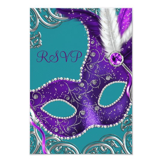 Purple and Turquoise Blue Masquerade Party RSVP Card