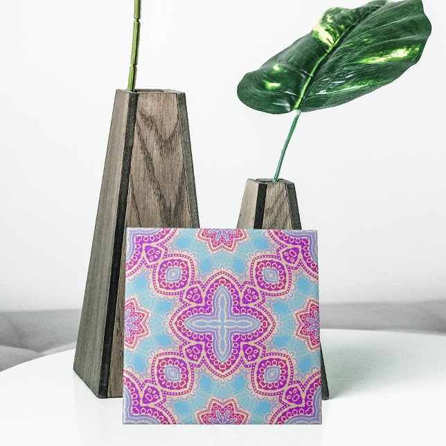 Purple And Turquoise Ethnic Kaleidoscopic Pattern Ceramic Tile (Creator Uploaded)