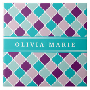 Purple and Turquoise Lattice Pattern with Name Ceramic Tile