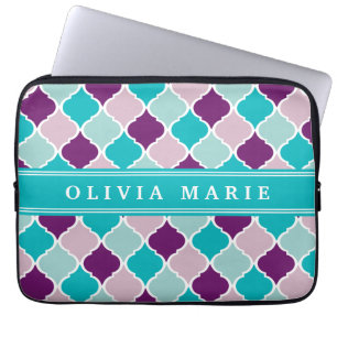 Purple and Turquoise Lattice Pattern with Name Laptop Sleeve