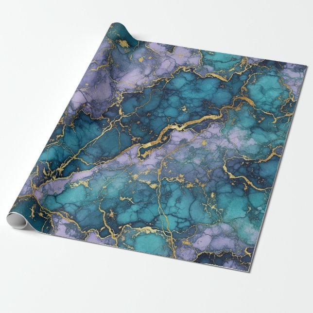 Purple and Turquoise Marble Wrapping Paper (Unrolled)