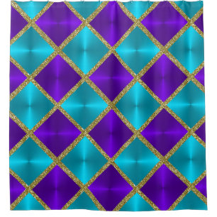 Purple and Turquoise Metallic Looking Squares Gold Shower Curtain