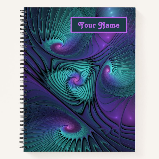 Purple and Turquoise, modern abstract Fractal Name Notebook (Front)