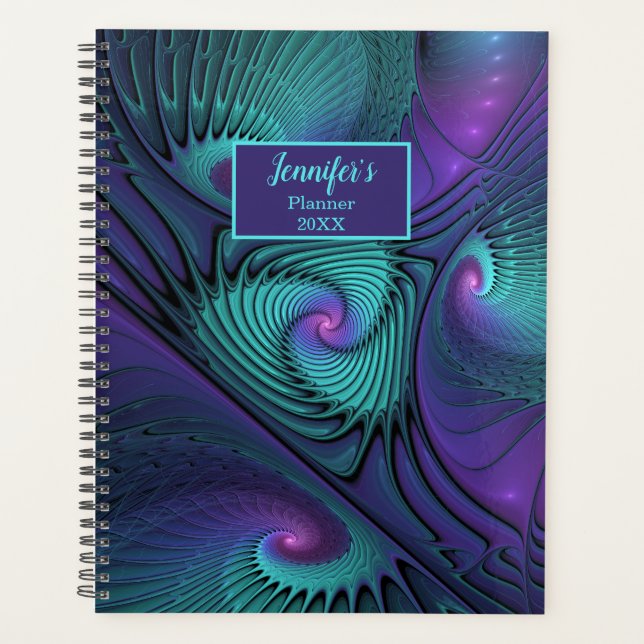 Purple and Turquoise, modern abstract Fractal Name Planner (Front)