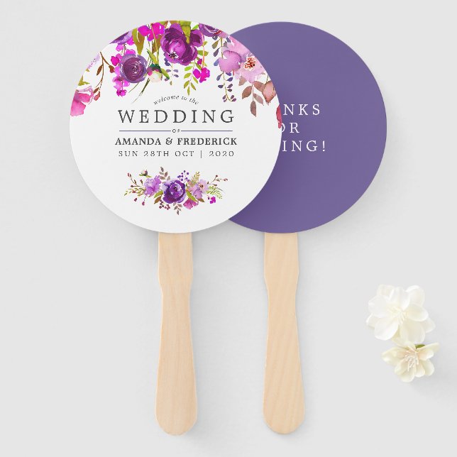 Purple and Violet Floral Wedding Favour Hand Fan (Front and Back)