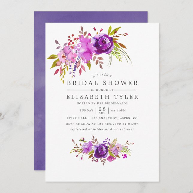 Purple and Violet Watercolor Bridal Shower Invite (Front/Back)