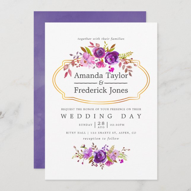 Purple and Violet Watercolor Floral Wedding Invite (Front/Back)