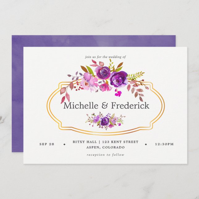 Purple and Violet Watercolor Floral Wedding Invite (Front/Back)