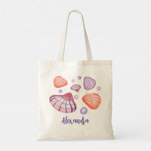 Purple and Violet Watercolor Seashells with Name Tote Bag