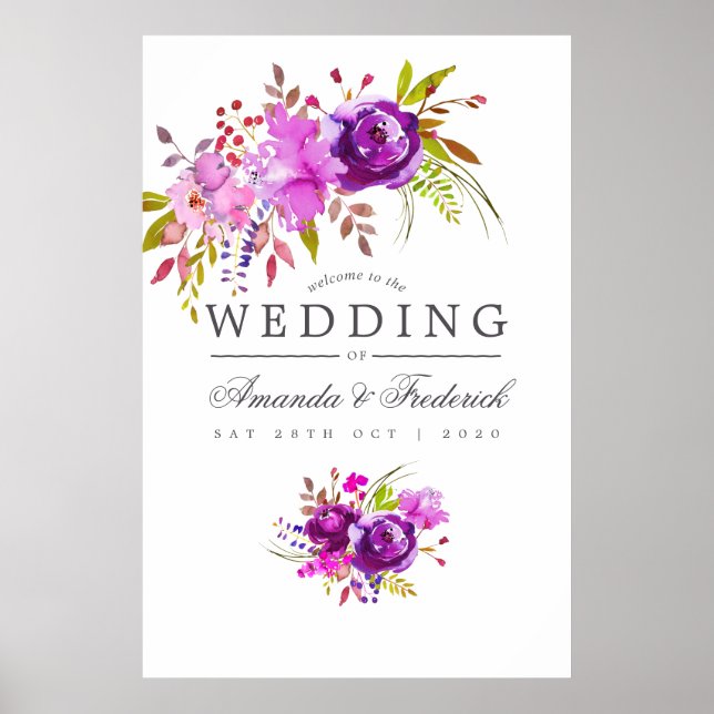 Purple and Violet Watercolor Wedding Welcome Poster (Front)