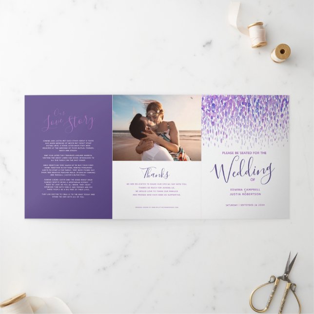 Purple and white abstract art wedding ceremony Tri-Fold programme (Outside)