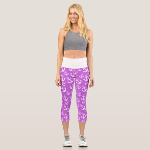 Purple and White Anchors Nautical Pattern Capri Leggings