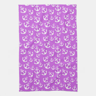 Purple and White Anchors Nautical Pattern Tea Towel