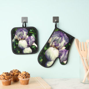 Purple And White Bearded Iris Flower Pair Oven Mitt & Pot Holder Set