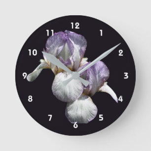 Purple And White Bearded Iris Flowers  Round Clock