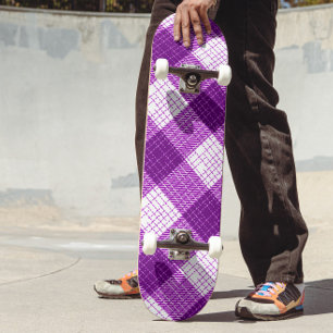 Purple and White Bold Checkered Plaid Design Skateboard